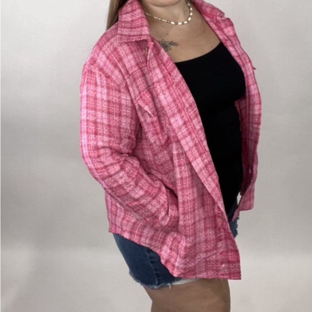 And the why pink button down tweed shacket